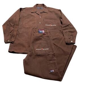 Vintage Y2K Phat Farm Mens Large Brown 2pc Denim Suit Large Jacket 36x33 Pants